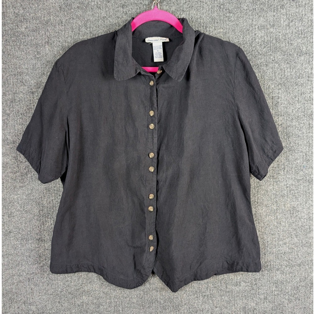Anna and Frank Womens XL Black 100% Silk Short Sleeve Button Down Shirt Top